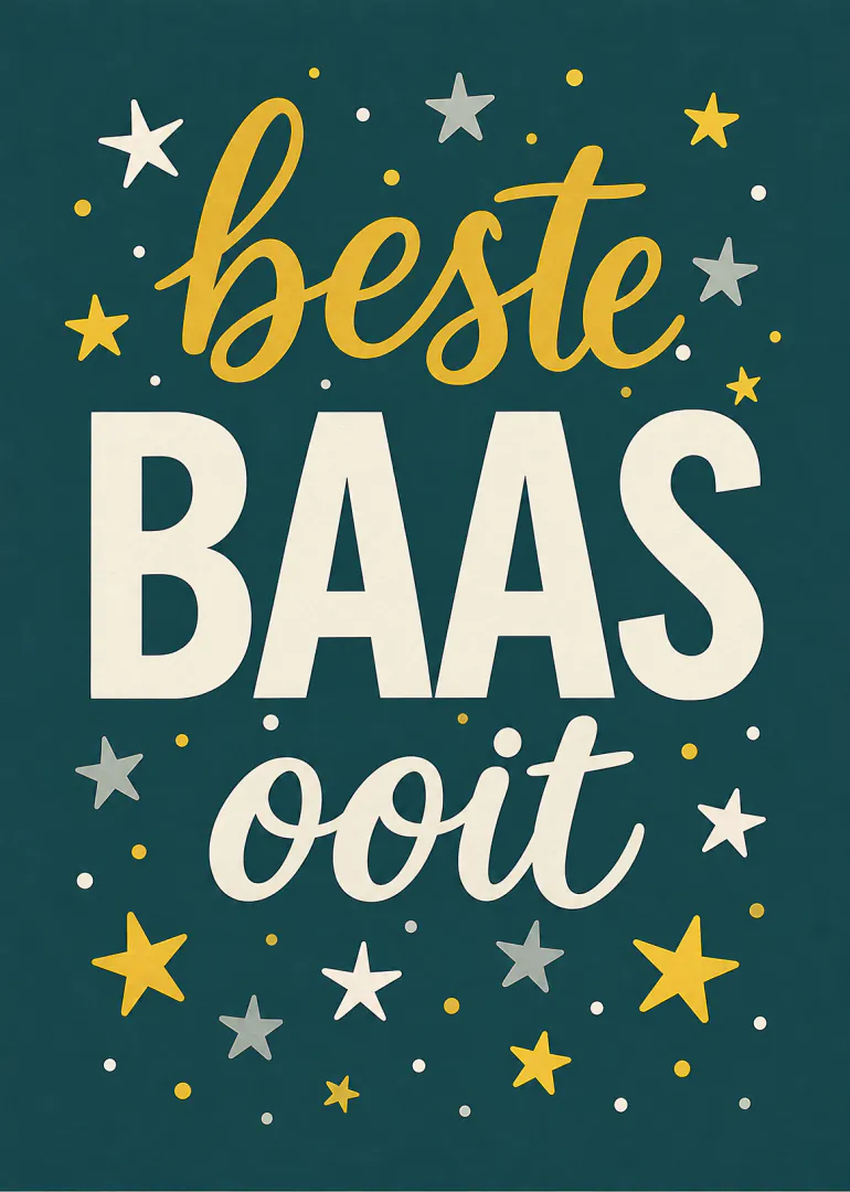 Donkergroene kaart met de tekst ‘beste BAAS ooit’ in goud en crème, omringd door sterren en stippen.
