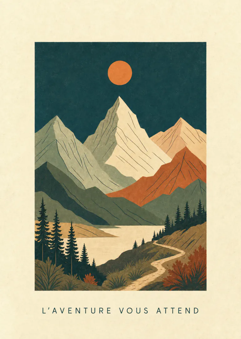 Carte illustrée d’un paysage de montagnes, lac et sapins sous un soleil orange, avec le texte « L’AVENTURE VOUS ATTEND ».