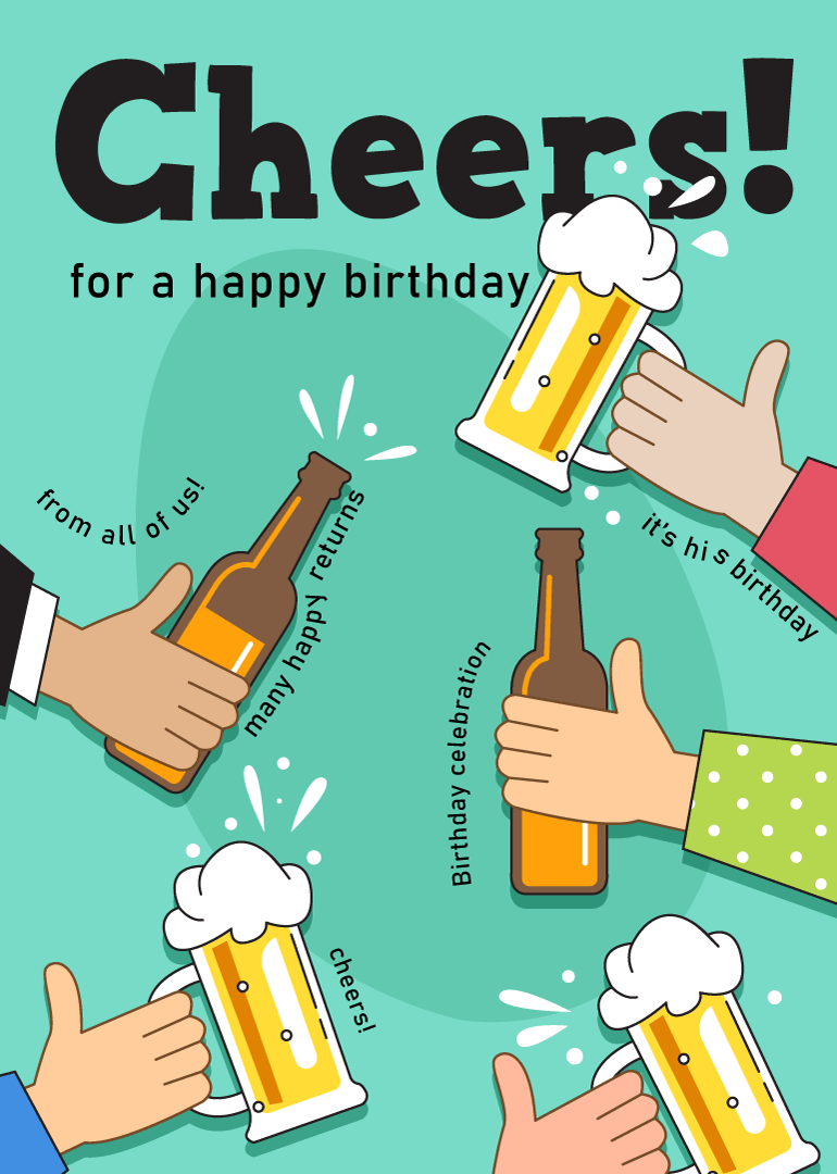 Birthday card with hands holding beer mugs and bottles toasting cheers