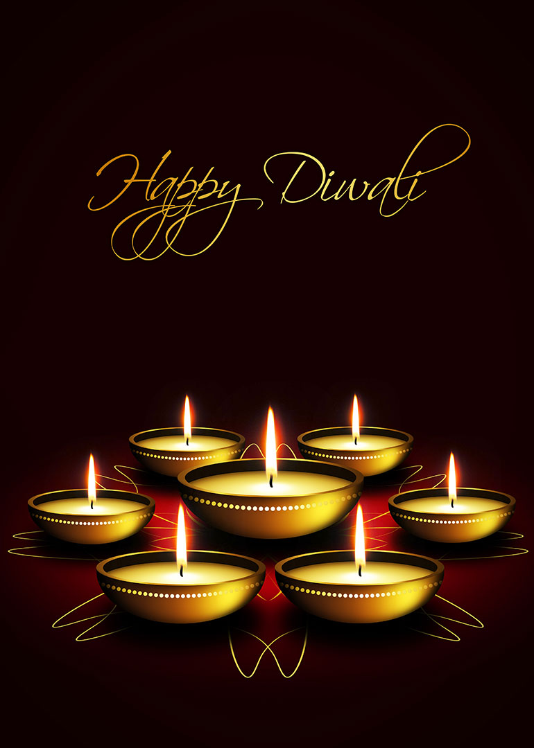 Diwali card with glowing diyas arranged in a circle and elegant Happy Diwali text