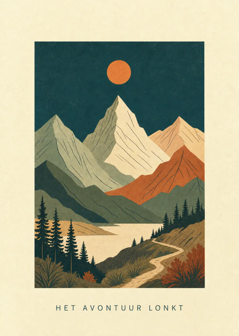 Vintageachtige illustratie van bergen, een meer, dennenbomen en een kronkelend pad onder een oranje zon.