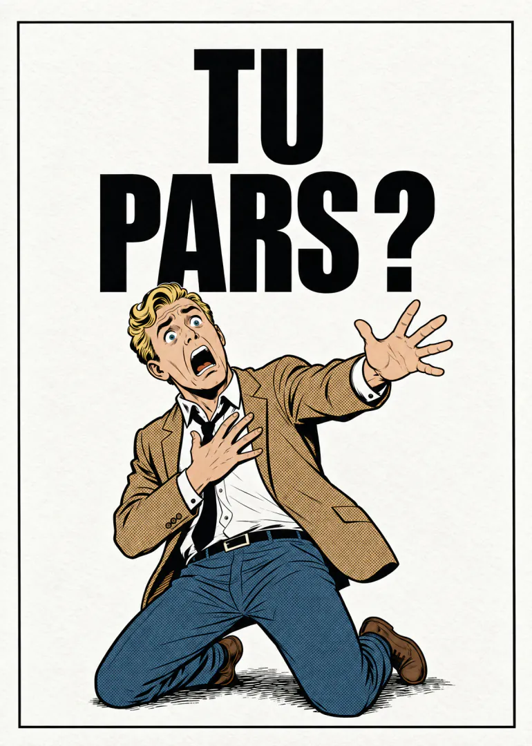 Carte blanche encadrée montrant un homme agenouillé et paniqué sous le texte noir « TU PARS ? ».