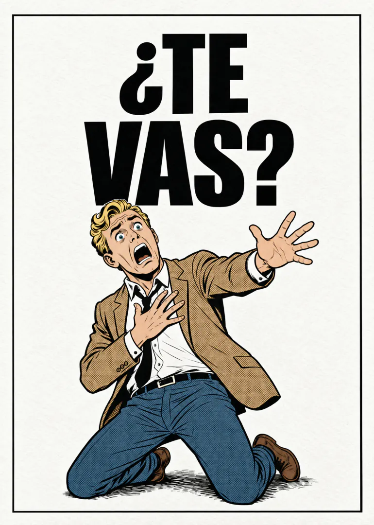 Tarjeta blanca con el texto «¿TE VAS?» y un hombre arrodillado con expresión de sorpresa.