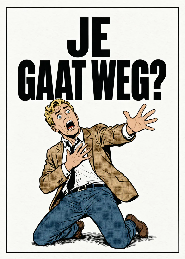 Retro stripillustratie van een geschrokken knielende man met de tekst ‘JE GAAT WEG?’