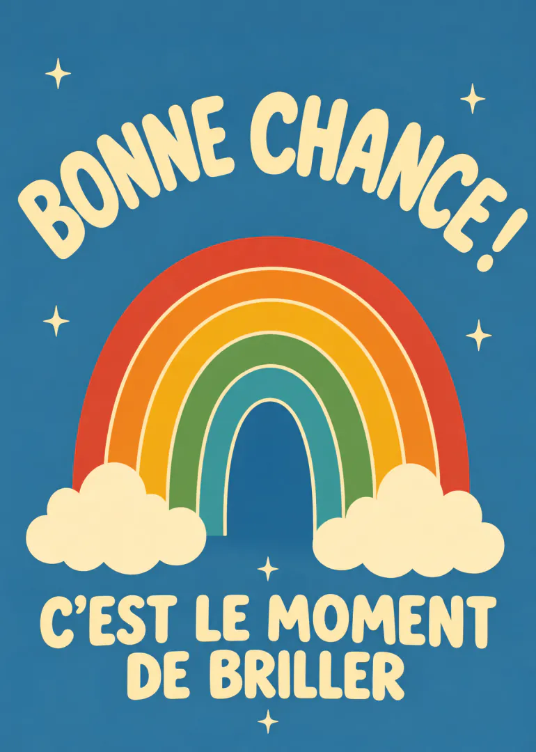 Carte bleue avec un arc-en-ciel, des nuages et le message « Bonne chance ! C’est le moment de briller ».
