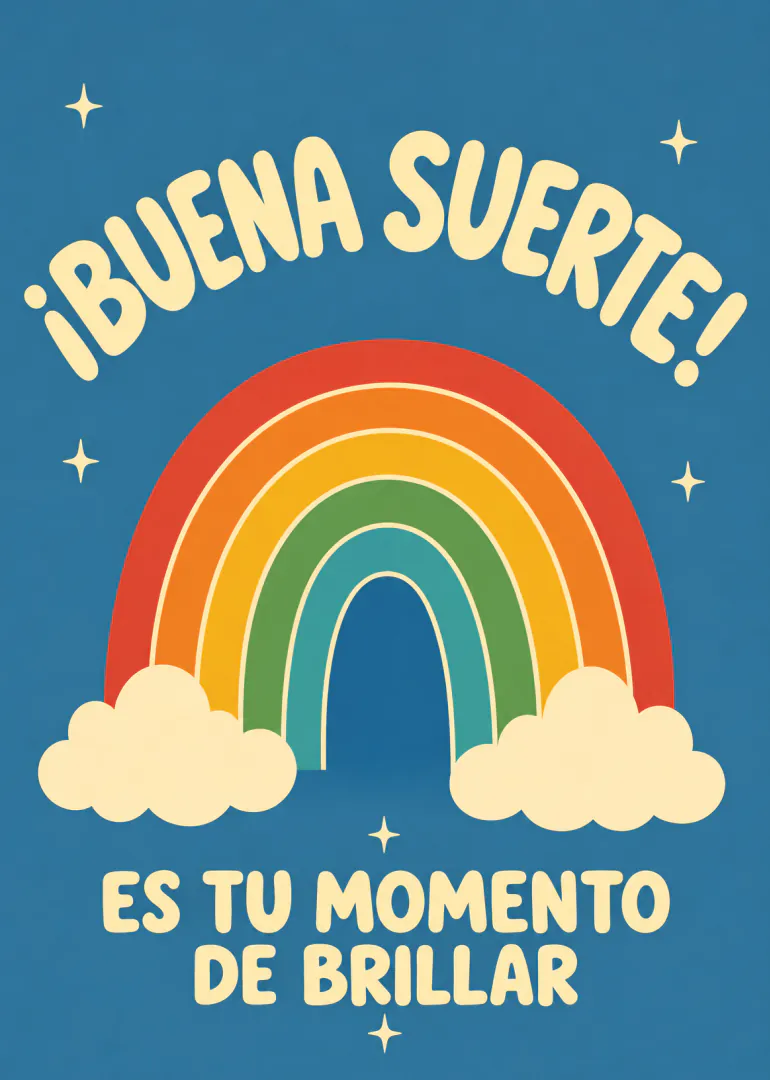Tarjeta azul con un arcoíris, nubes y estrellas, con un mensaje de buena suerte en español.