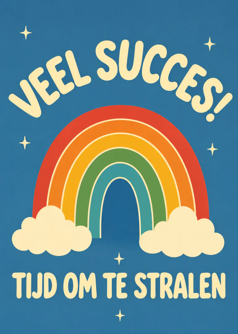 Blauwe kaart met een regenboog, wolken en de tekst: Veel succes! Tijd om te stralen.