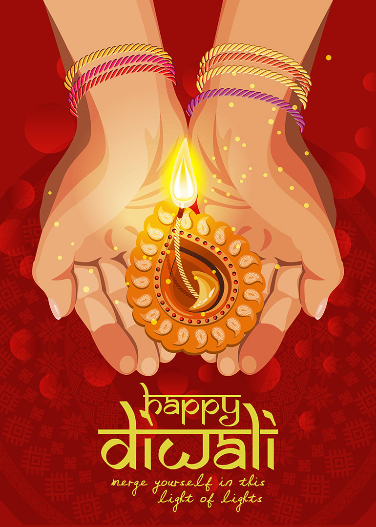 Hands holding a glowing diya with red festive background and Diwali greetings