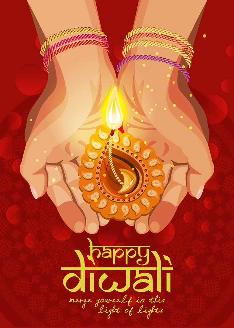Hands hold a glowing diya with Happy Diwali text on a festive red background design.