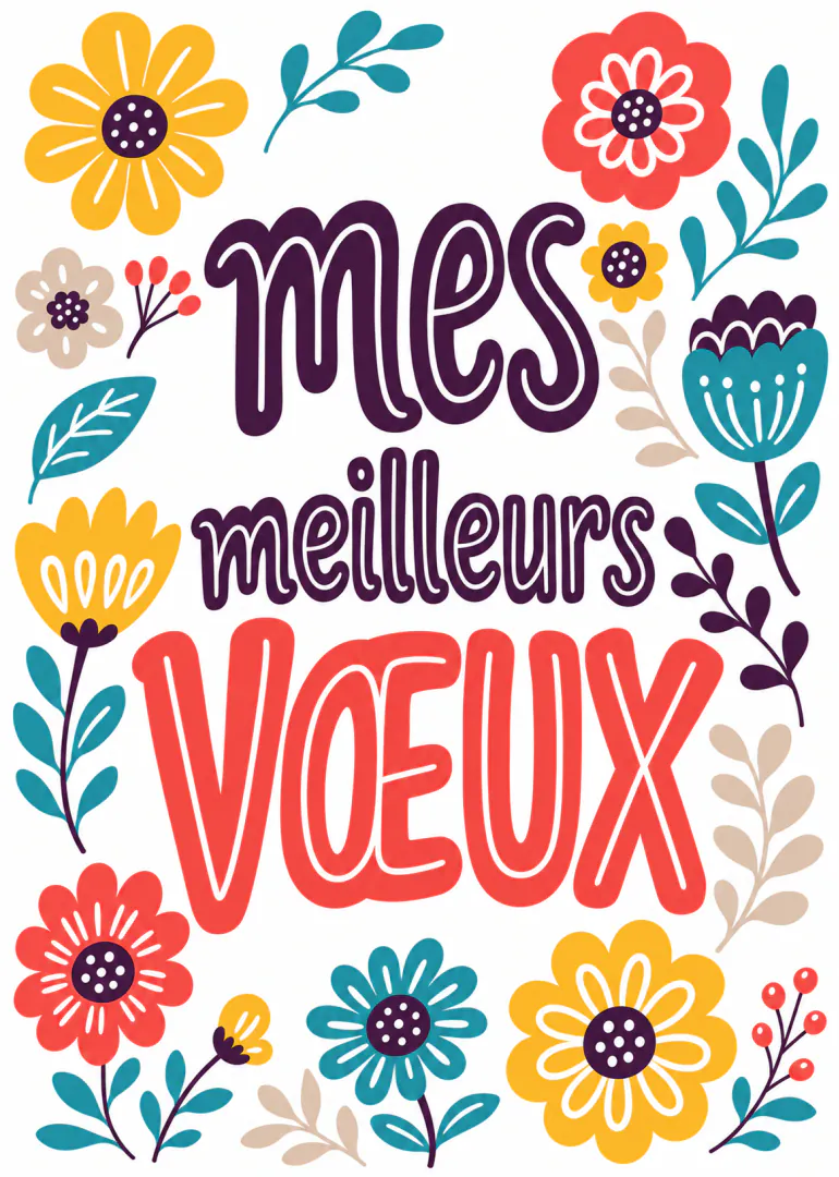 Carte blanche ornée de fleurs colorées avec le texte « mes meilleurs VŒUX ».