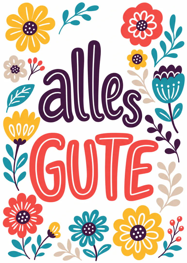 Weisse Karte mit grosser Aufschrift „alles GUTE“, umgeben von bunten stilisierten Blumen und Blättern.