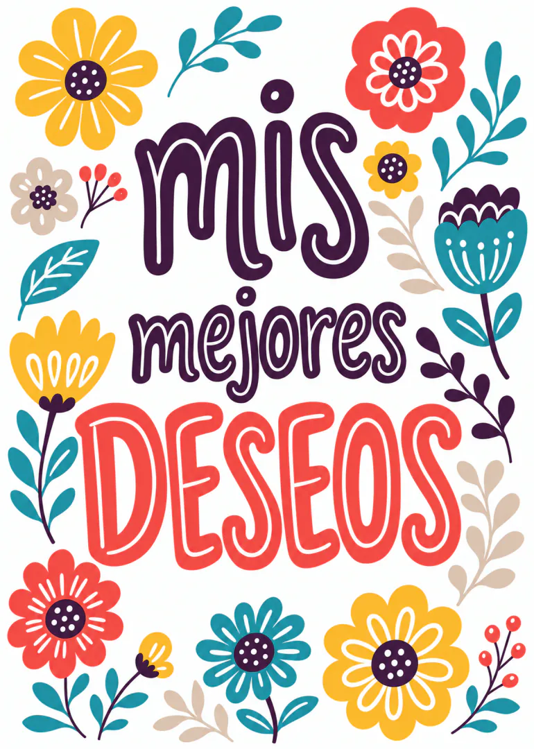 Tarjeta blanca con el texto «mis mejores DESEOS» rodeado de flores y hojas coloridas.