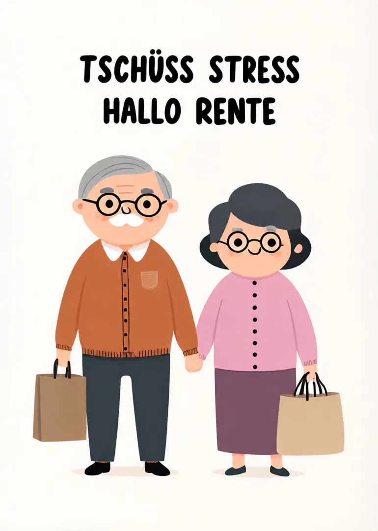 Illustrierte ältere Frau und älterer Mann mit Einkaufstaschen unter dem Schriftzug „TSCHÜSS STRESS HALLO RENTE“.
