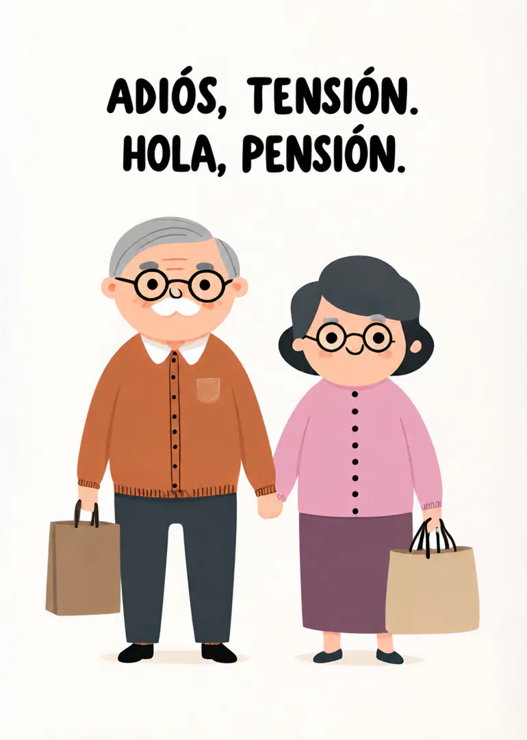 Tarjeta de jubilación con una pareja mayor sonriente y el texto «Adiós, tensión. Hola, pensión.»