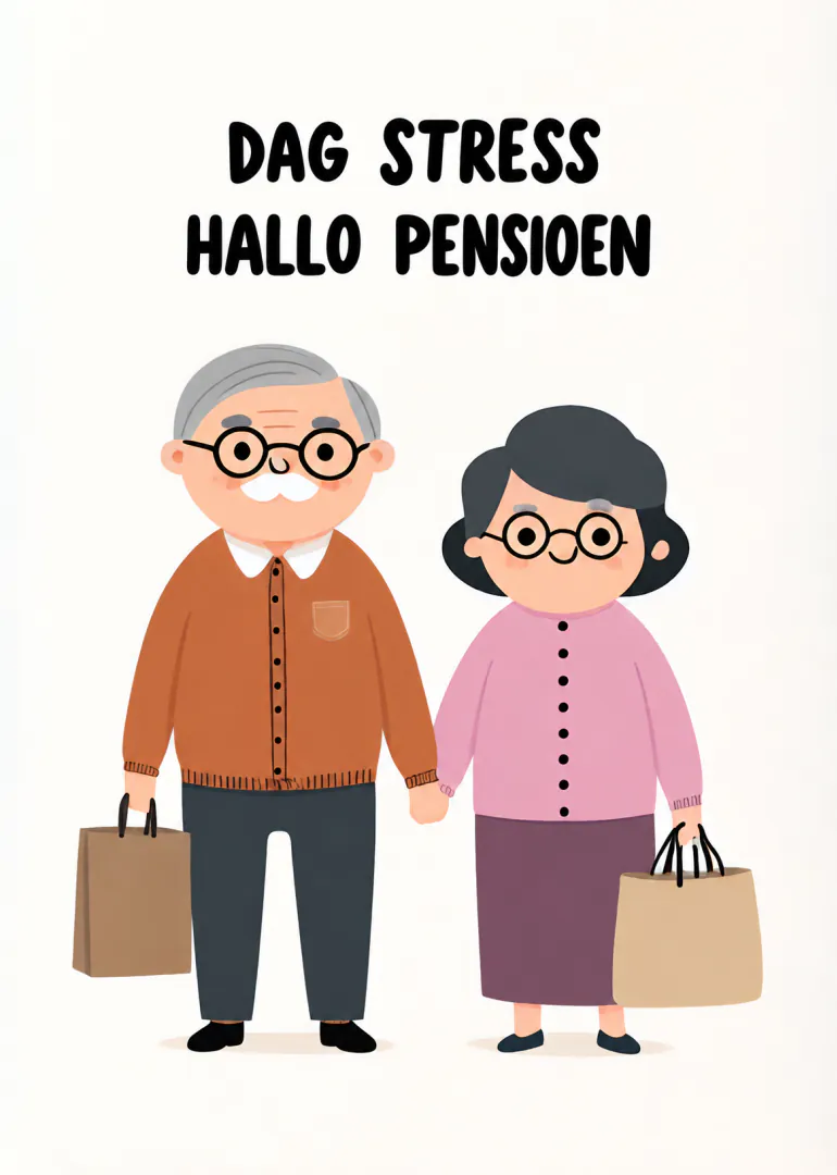 Illustratie van een ouder echtpaar met boodschappentassen en de tekst ‘DAG STRESS HALLO PENSIOEN’.