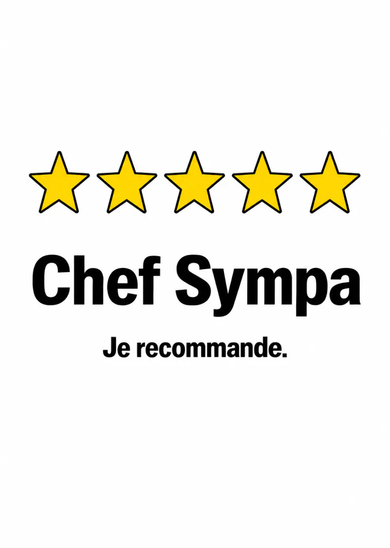 Carte blanche avec cinq étoiles jaunes et le message « Chef Sympa Je recommande. » en noir.