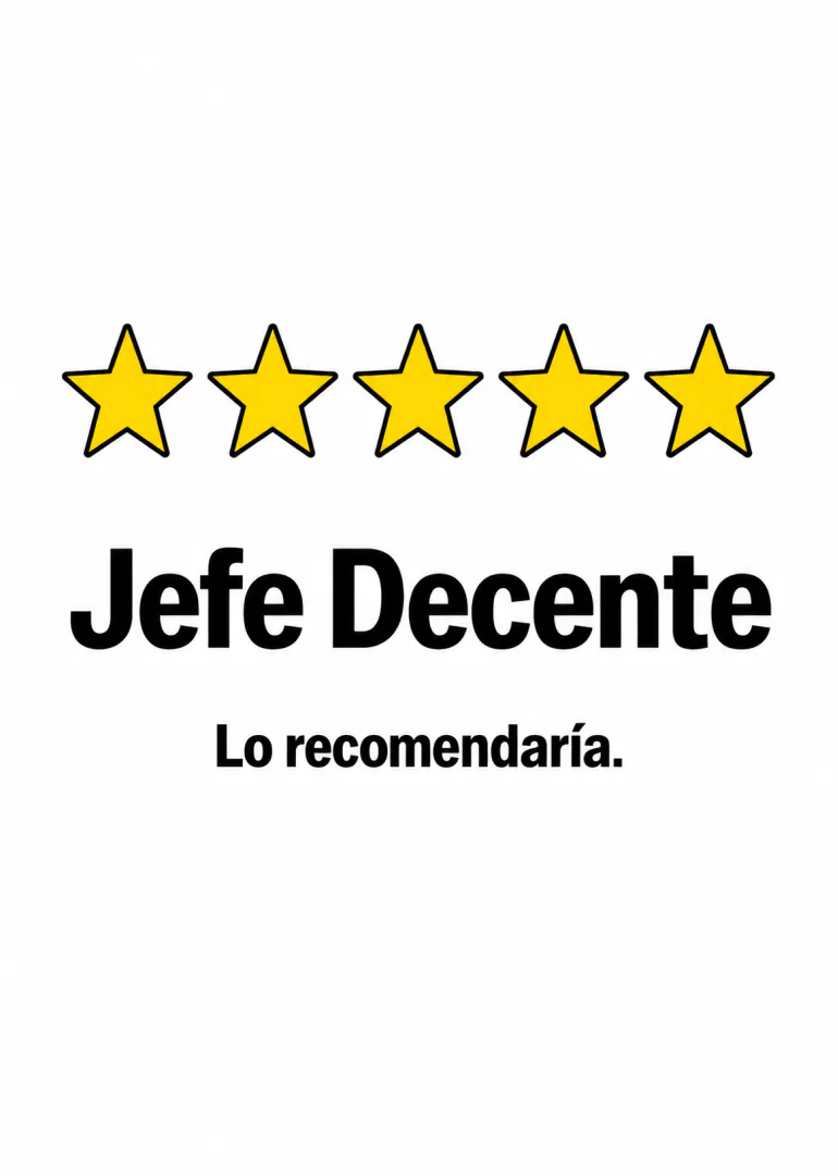 Tarjeta blanca con cinco estrellas amarillas y el texto «Jefe Decente. Lo recomendaría.» en negro.