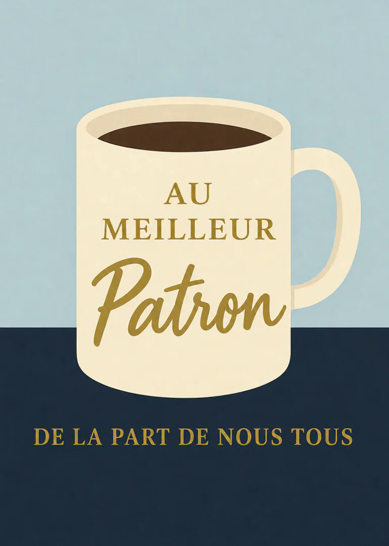 Grande tasse de café crème portant le message « AU MEILLEUR Patron », sur fond bleu pâle et bleu marine.