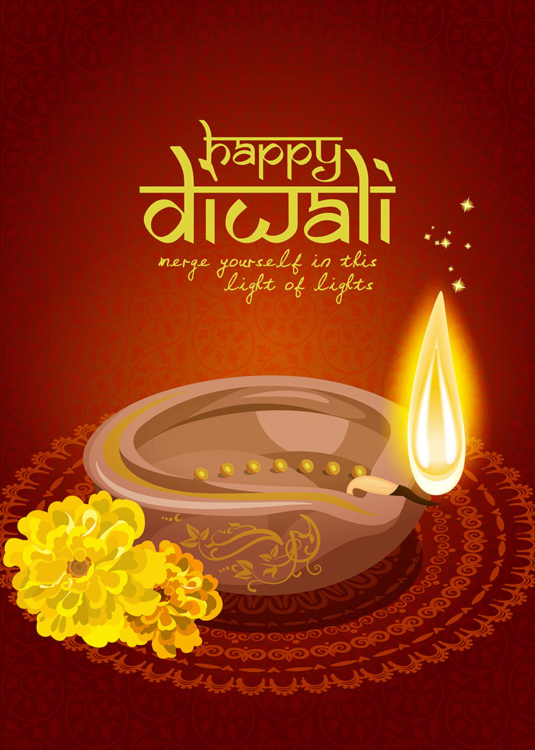 Diwali card with glowing lamp, yellow flowers, and festive red background