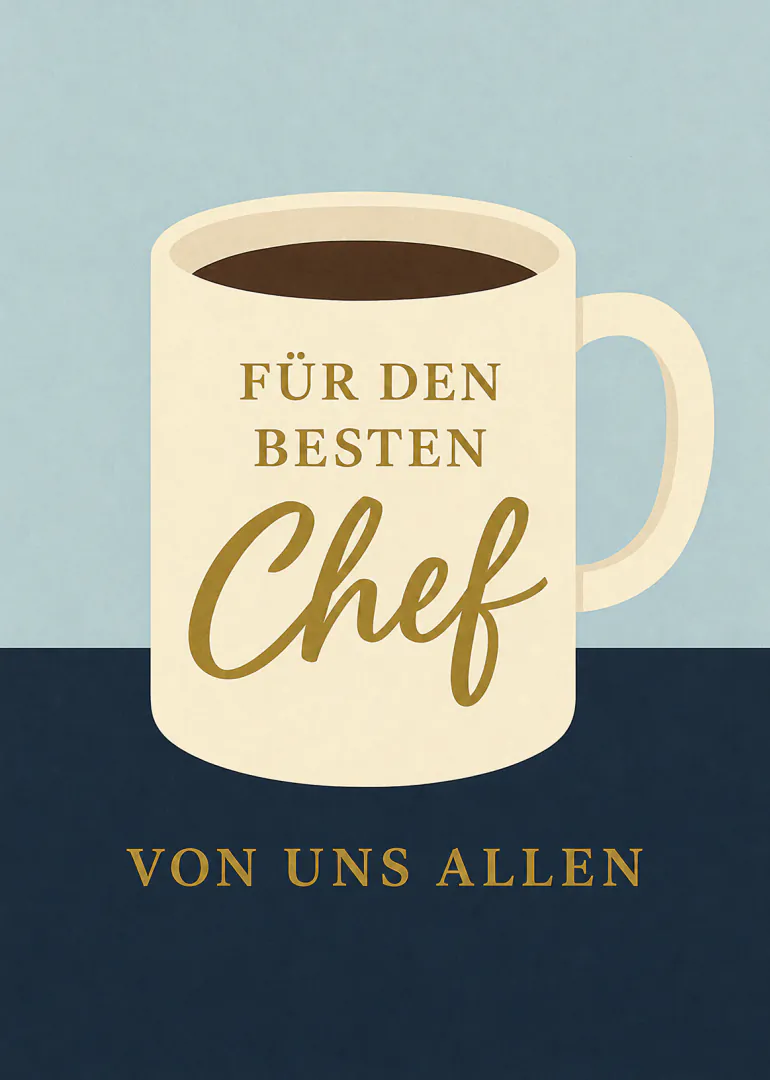 Cremefarbene Kaffeetasse mit goldener Aufschrift „Für den besten Chef“, darunter „Von uns allen“ auf dunkelblauem Grund.