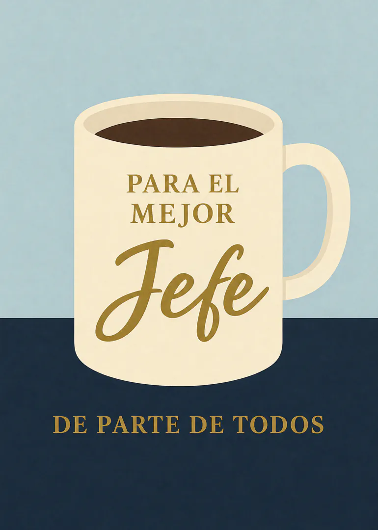 Tarjeta azul marino con una taza crema y el mensaje «Para el mejor Jefe, de parte de todos».