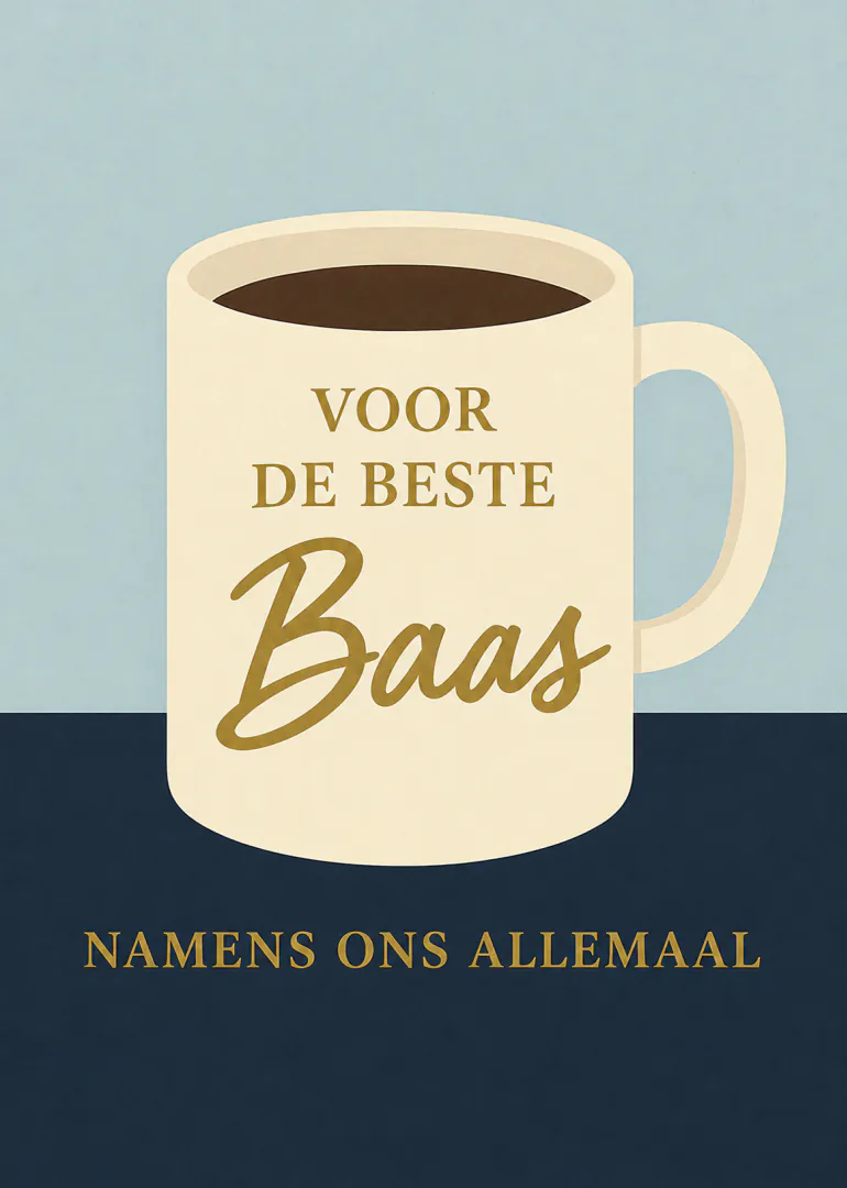 Minimalistische kaart met een koffiemok en de tekst ‘Voor de beste Baas, namens ons allemaal’.