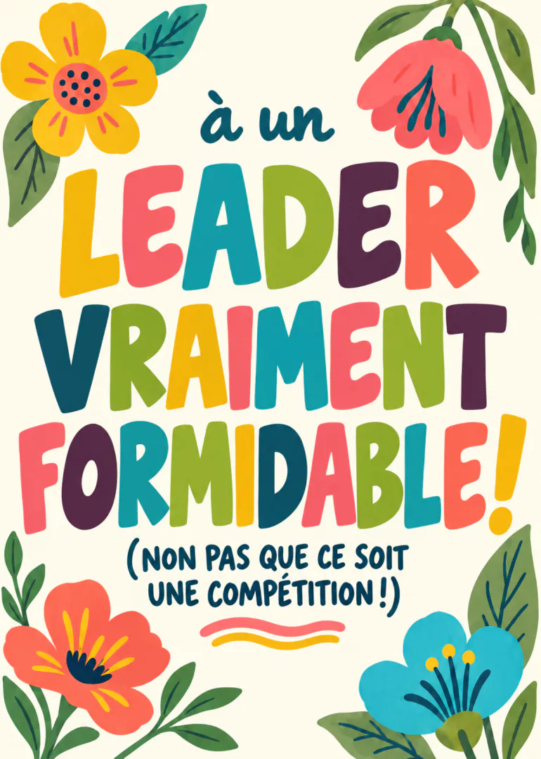 Carte colorée ornée de fleurs avec le message : « à un leader vraiment formidable ! »