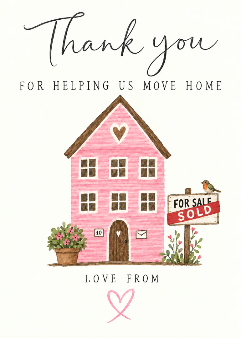 Watercolour card with thank-you wording, a pink house and a sold sign.