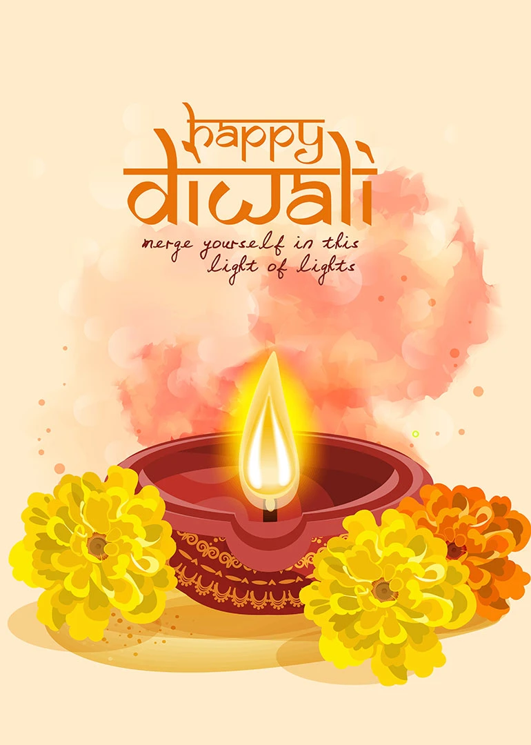 Bright Diwali card with glowing oil lamp, marigold flowers, and festive wording above.