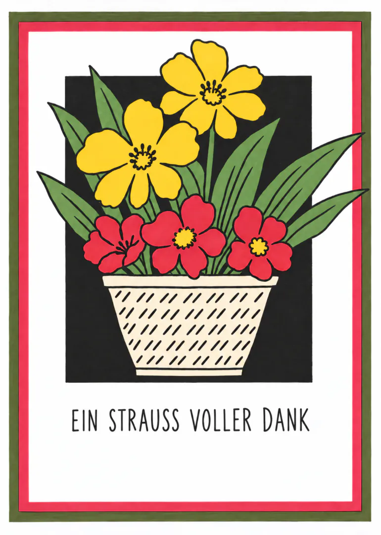 Illustration eines Blumentopfs mit gelben und roten Blumen vor schwarzem Hintergrund, darunter der Schriftzug „EIN STRAUSS VOLLER DANK“.