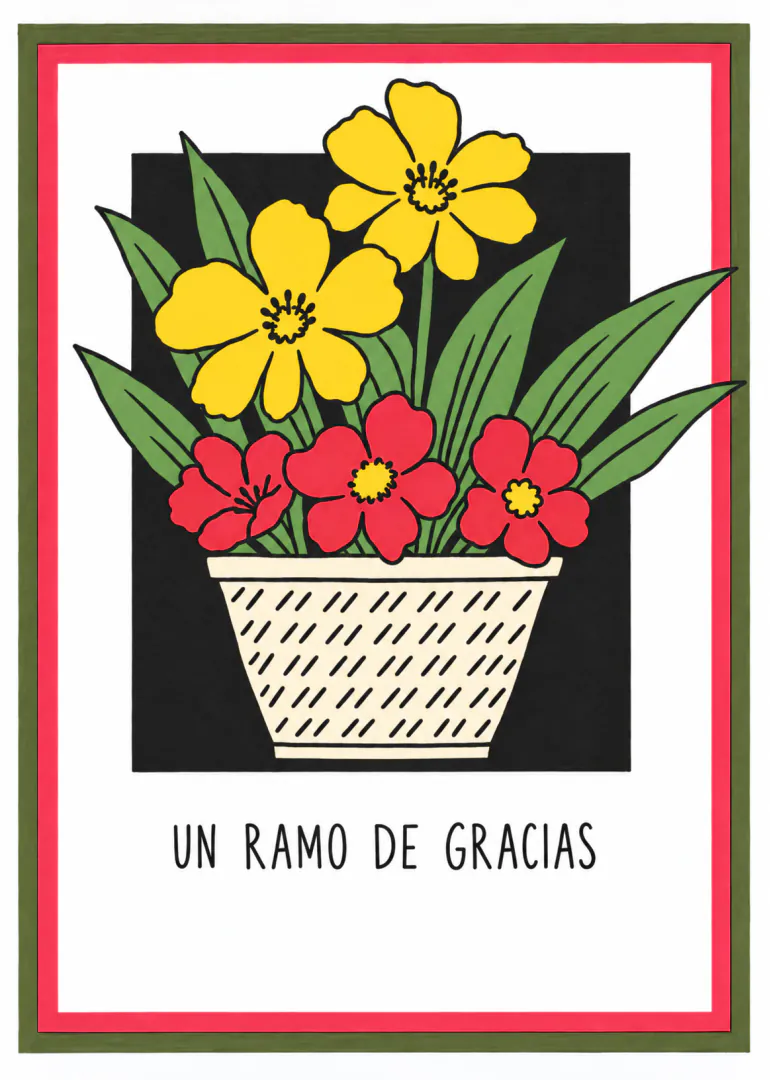 Tarjeta con un ramo de flores amarillas y rojas en una maceta, sobre fondo negro, y el texto «UN RAMO DE GRACIAS».