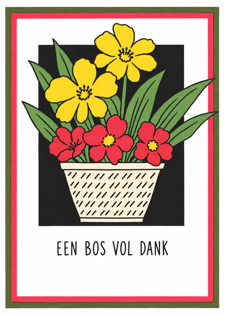 Witte kaart met een illustratie van een pot met rode en gele bloemen en de tekst ‘EEN BOS VOL DANK’.