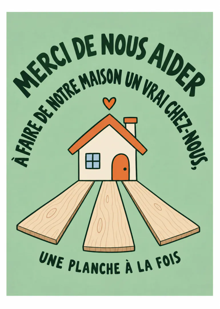 Carte verte avec une maison, des planches de bois et un message de remerciement en français.