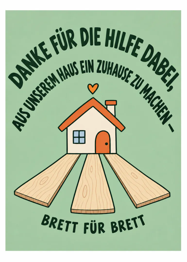Grüne Dankeskarte mit Haus, drei Holzbrettern, Herz und typografischem Dankestext.