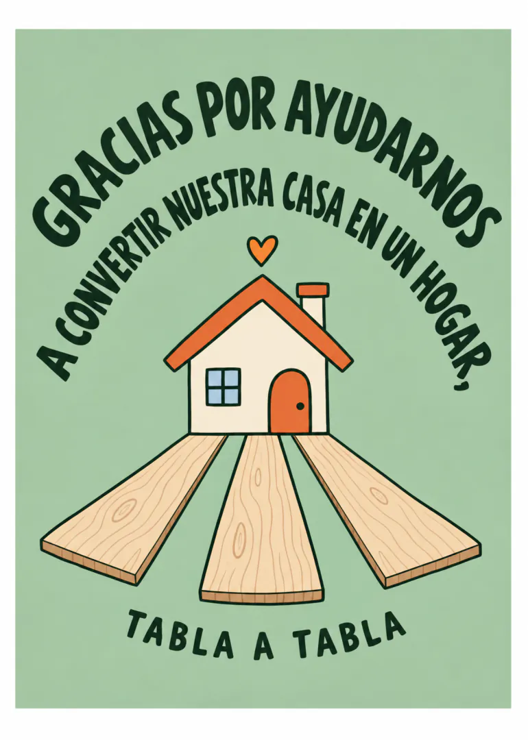 Tarjeta verde con una casa ilustrada, tablones de madera y un mensaje de agradecimiento.