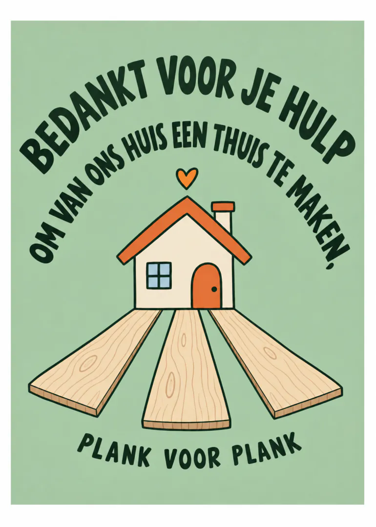 Mintgroene bedankkaart met een huisje, drie houten planken en een oranje hartje.