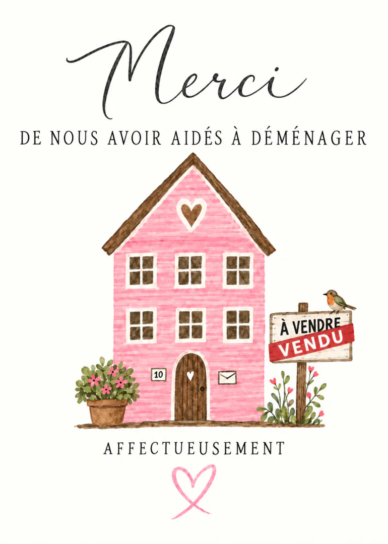 Carte de remerciement avec une maison rose, un panneau vendu et un message de gratitude pour une aide au déménagement.