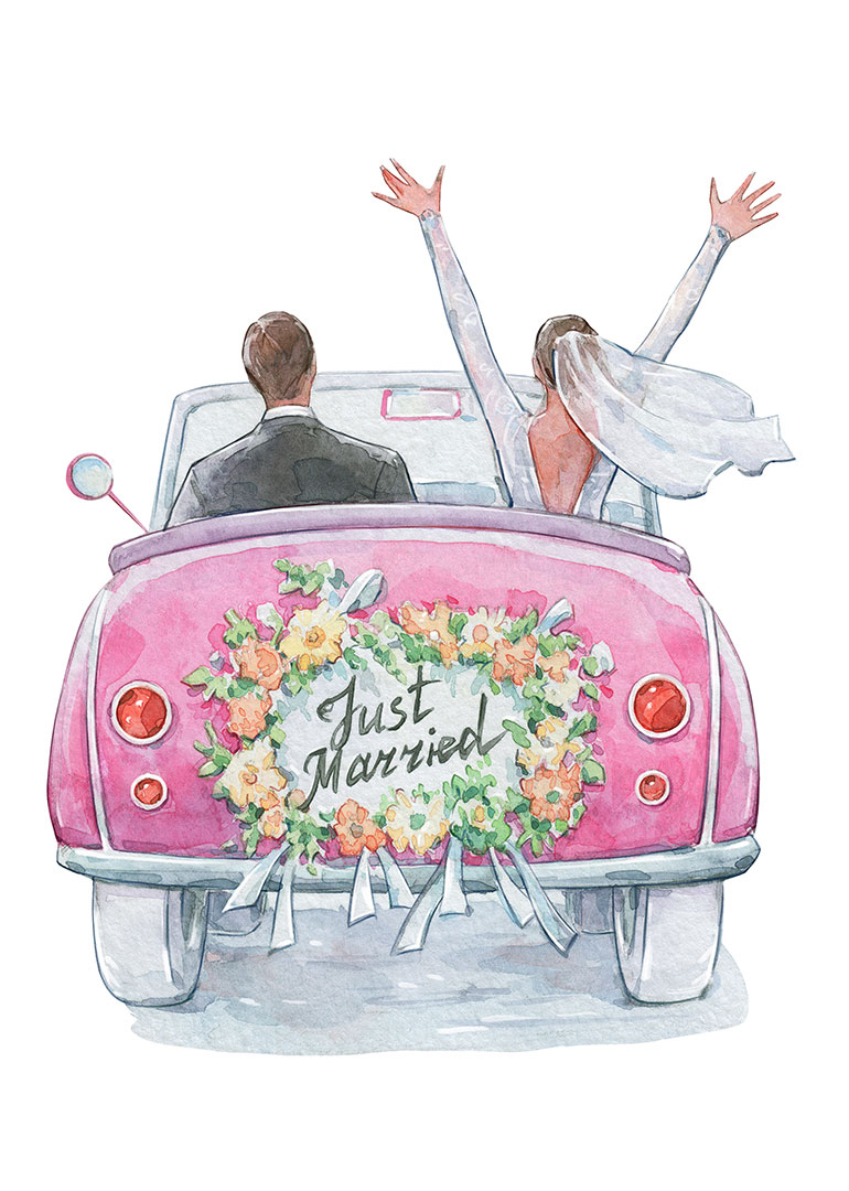 Watercolor painting of bride and groom driving away in pink car with Just Married sign