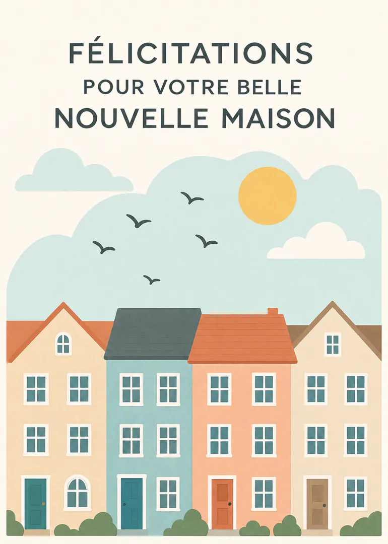 Carte illustrée de maisons colorées sous un ciel bleu, avec le message « FÉLICITATIONS POUR VOTRE BELLE NOUVELLE MAISON »