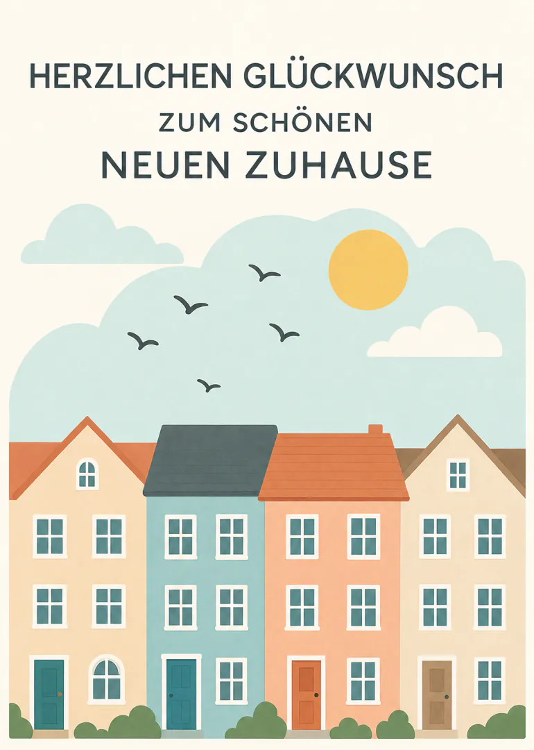 Illustrierte Häuserzeile unter Sonne und Wolken mit Glückwunsch zum neuen Zuhause.