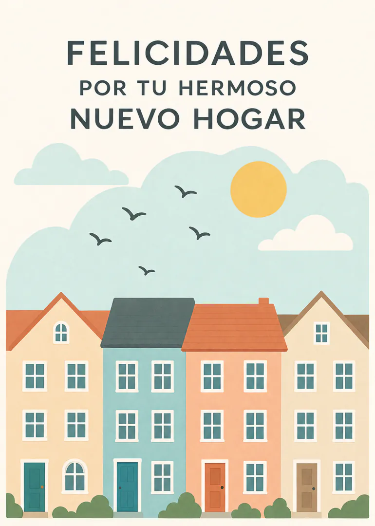 Tarjeta con el mensaje «FELICIDADES POR TU HERMOSO NUEVO HOGAR» sobre una hilera de casas de colores bajo el sol.