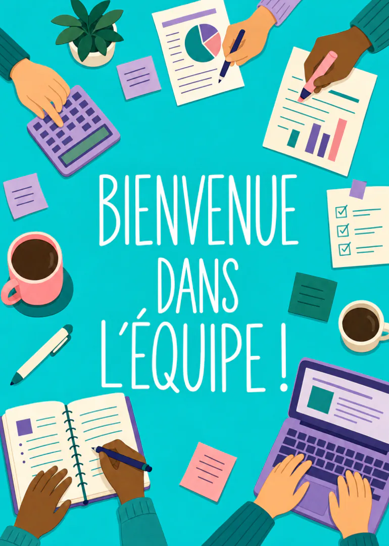 Carte turquoise montrant des mains au travail, des ordinateurs, des notes et le texte « BIENVENUE DANS L’ÉQUIPE ! ».