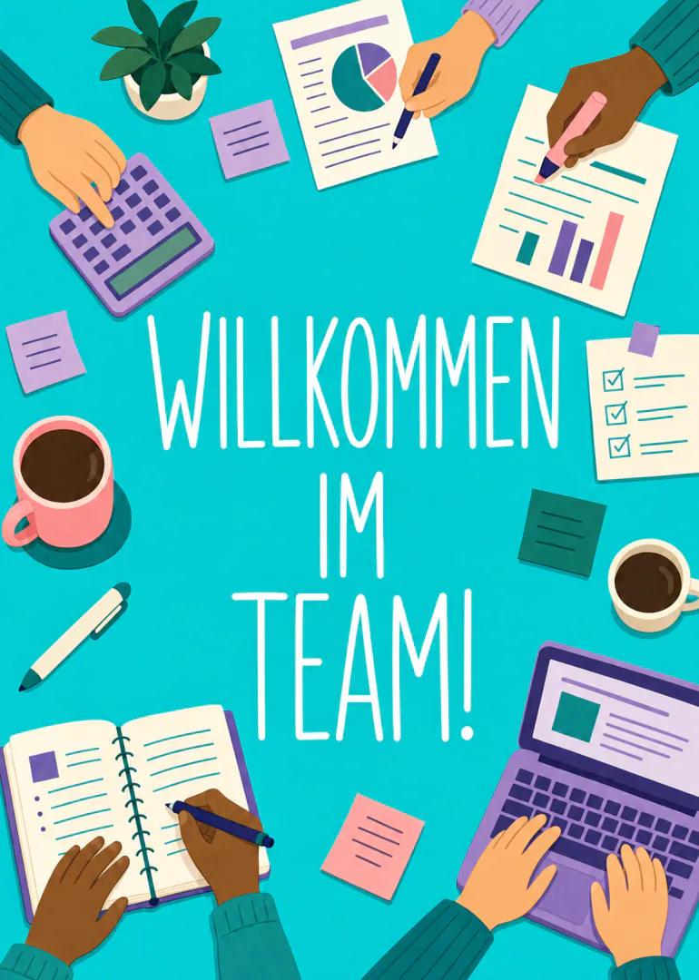Türkise Karte mit Büroillustrationen, arbeitenden Händen und der Aufschrift „WILLKOMMEN IM TEAM!“.