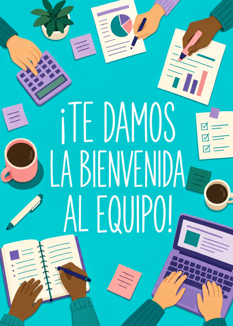 Tarjeta turquesa con manos trabajando, ordenadores, café y el mensaje «¡TE DAMOS LA BIENVENIDA AL EQUIPO!».
