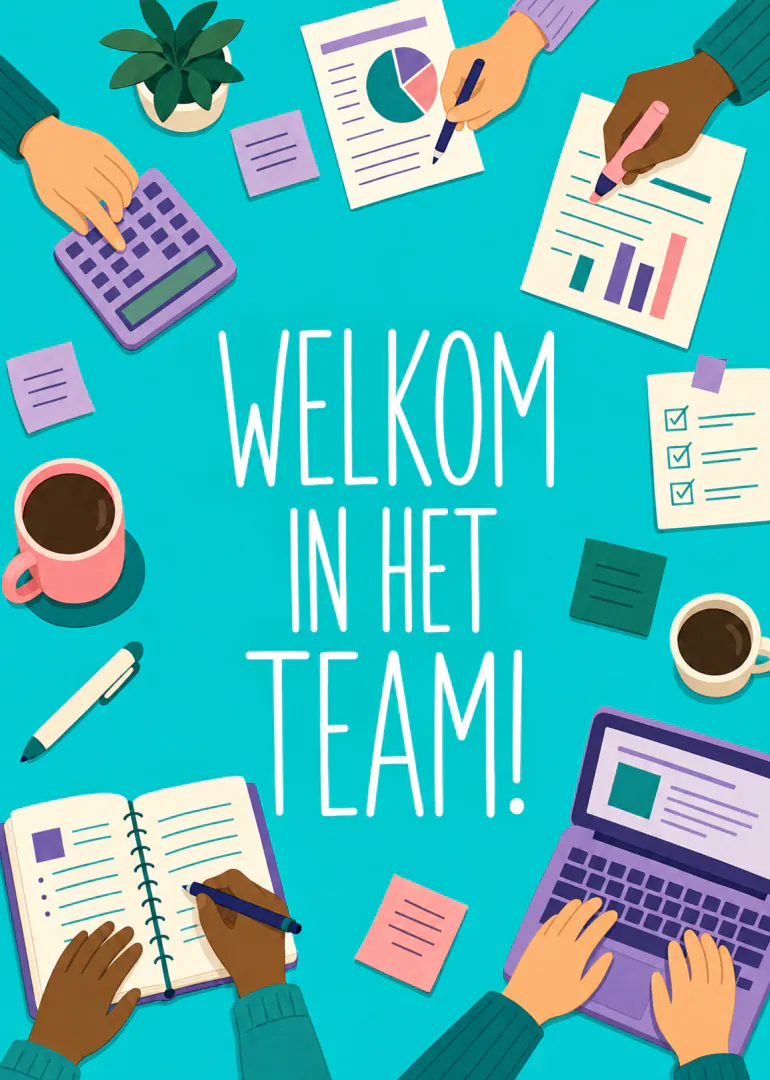Turquoise kaart met de tekst ‘WELKOM IN HET TEAM!’ en illustraties van collega’s die werken.