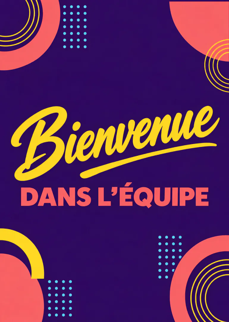 Carte violette à motifs géométriques roses, jaunes et bleus, portant le message « Bienvenue dans l’équipe ».