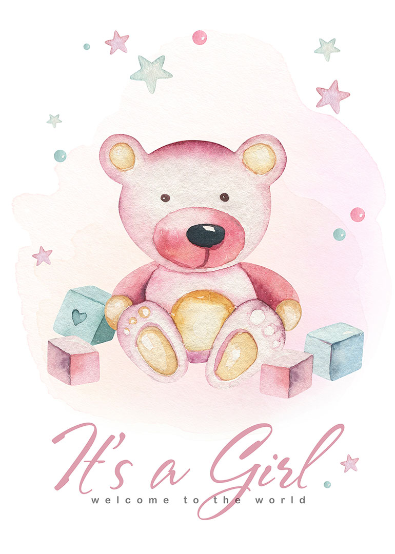 Watercolor teddy bear with pastel stars and blocks announcing baby girl