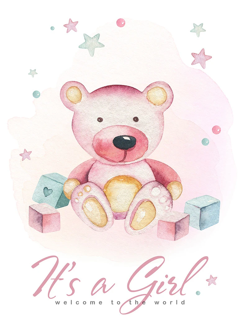 Watercolor teddy bear sits among pastel blocks and stars with It's a Girl welcome message.