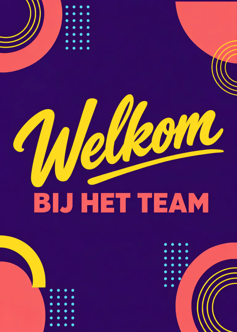 Paarse kaart met gele tekst ‘Welkom’ en koraalrode tekst ‘BIJ HET TEAM’, omringd door retro cirkels en stippen.