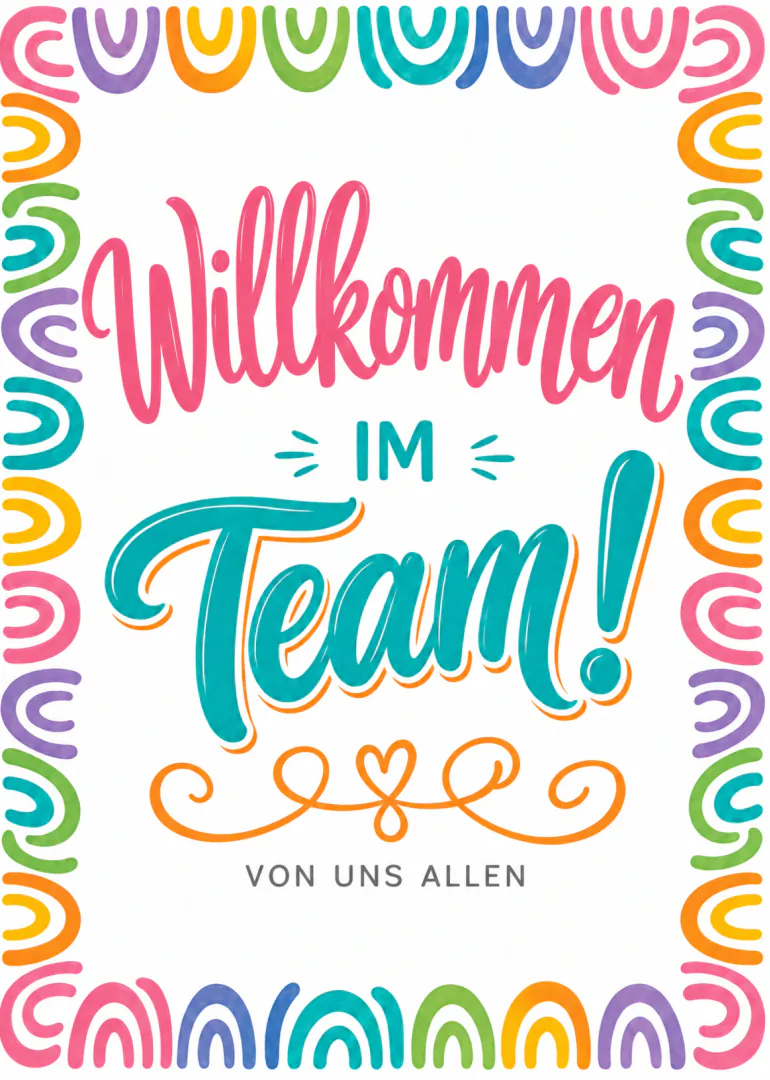 Karte mit buntem Regenbogenbogen-Rahmen und der Aufschrift „Willkommen im Team! Von uns allen“.